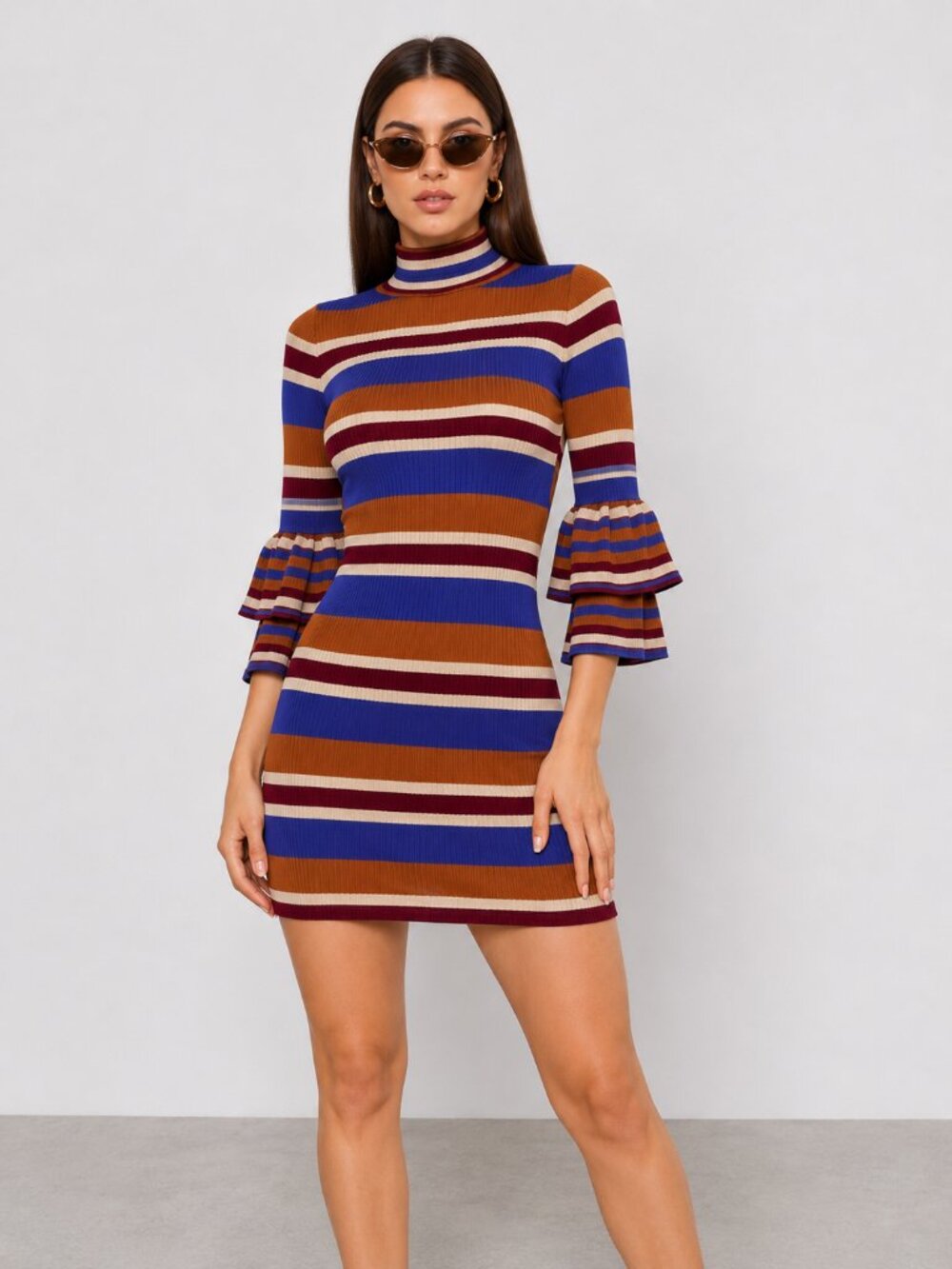 Striped Ribbed Turtleneck Mini Sweater Dress Ruffle Sleeve NWT